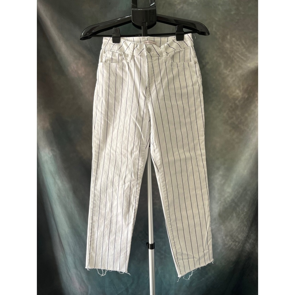 Sincerely Jules Jeans Size 3/26 White‎ Black Pinstripe Cropped Frayed Hem Denim